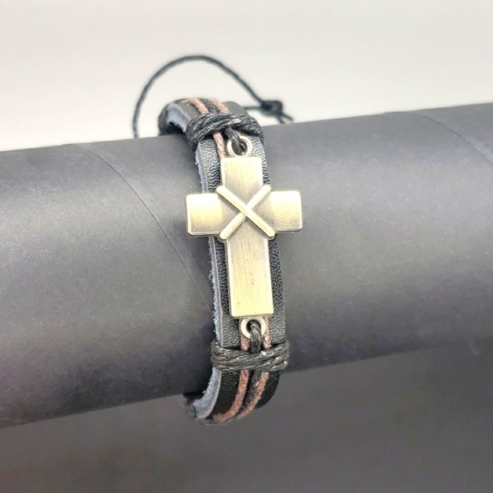 Medieval cross adjustable vegan leather bracelet